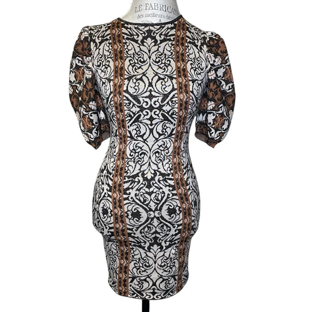 Flying Tomato Anthropologie Jacquard Bodycon Dress Black Tan Cream Brown Small